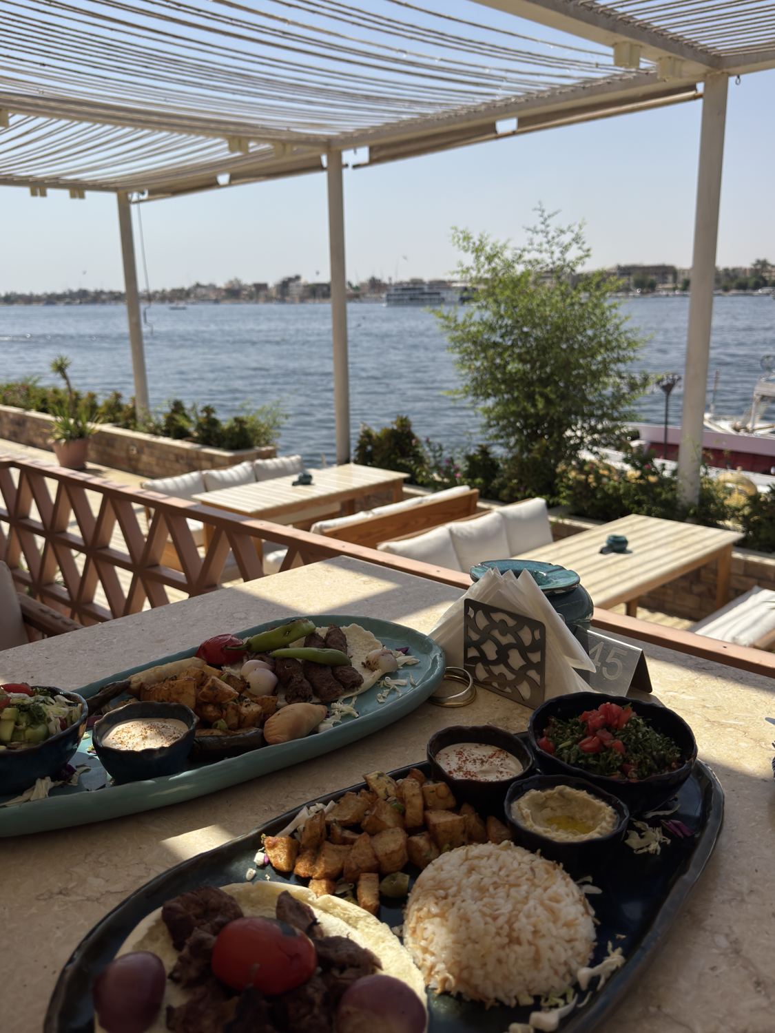 Plates of kofta, rice, hummus and tabbouleh on a shaded terrace overlooking the Nile