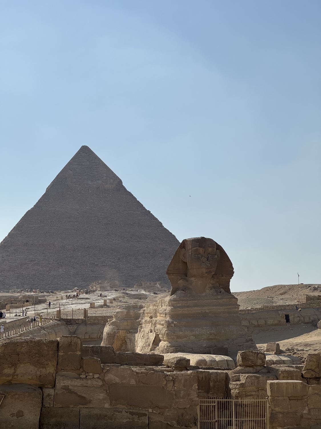 The Great Sphinx in front of the Pyramid of Khafre under a pale blue sky